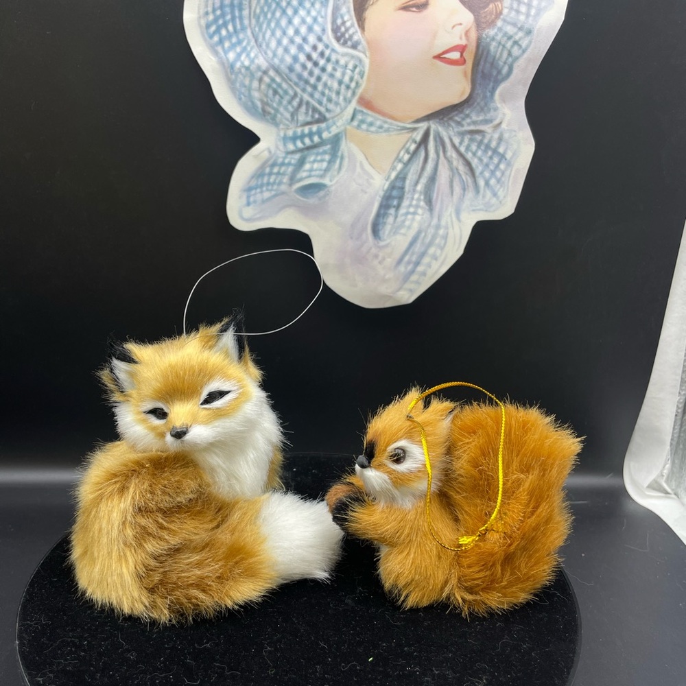 Faux Fur Fox & Squirrel Figurines Christmas Ornaments Set Of 2